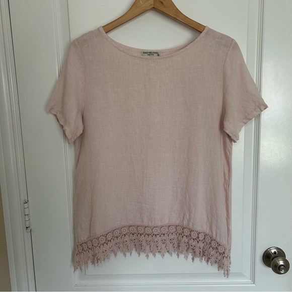 Terzo Millennio Women’s Pink‎ Short Sleeve Linen Crochet Lace Top Medium - Picture 3 of 10